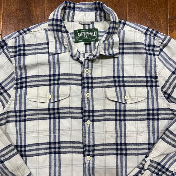 American Eagle Outfitters Vtg Cream Navy Button Front Flannel Shirt Men's Large - Picture 2 of 8